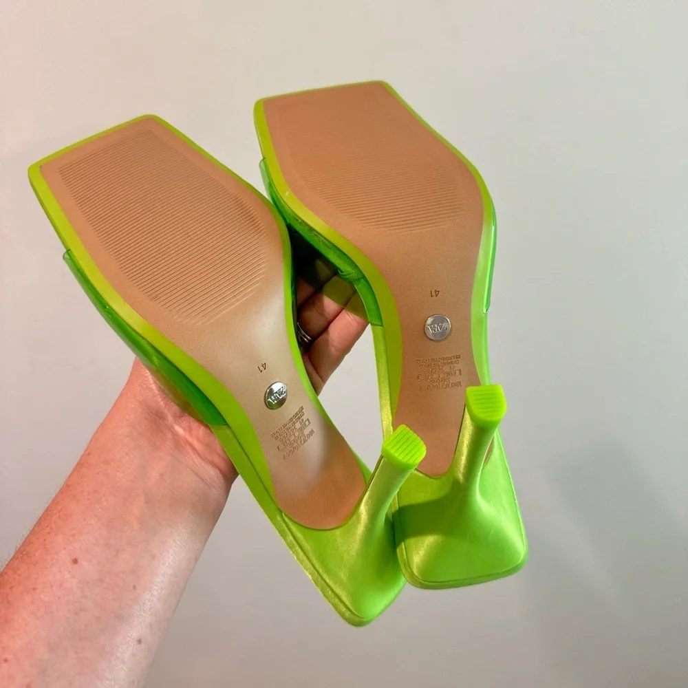 NWT Zara Lime Green High Heel Vinyl Mules Size 41 - Picture 10 of 11